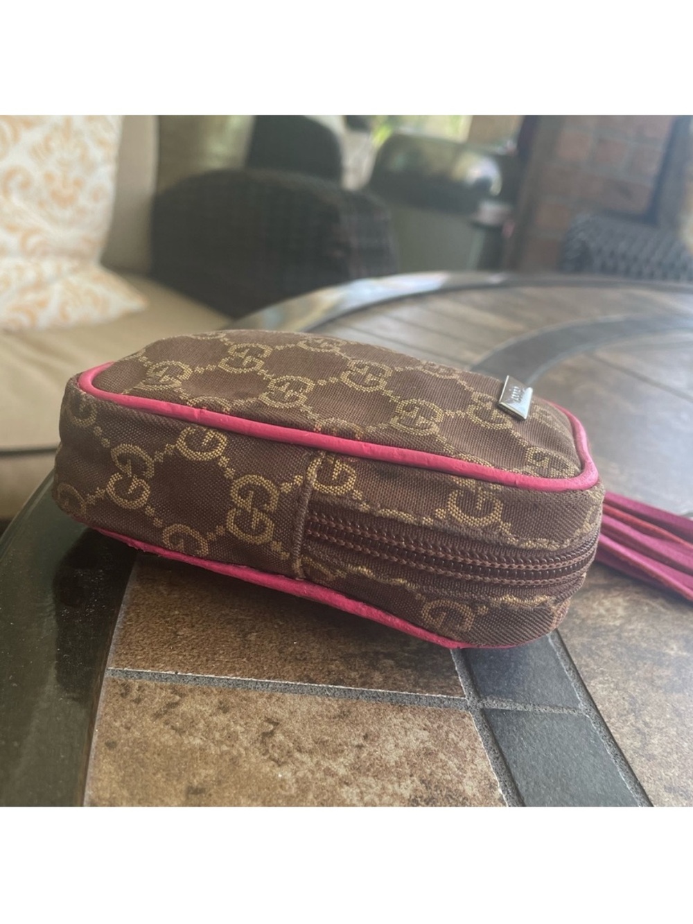 Gucci Brown Monogram Pouch with Fuchsia Trim and Tassel - Picture 9 of 10